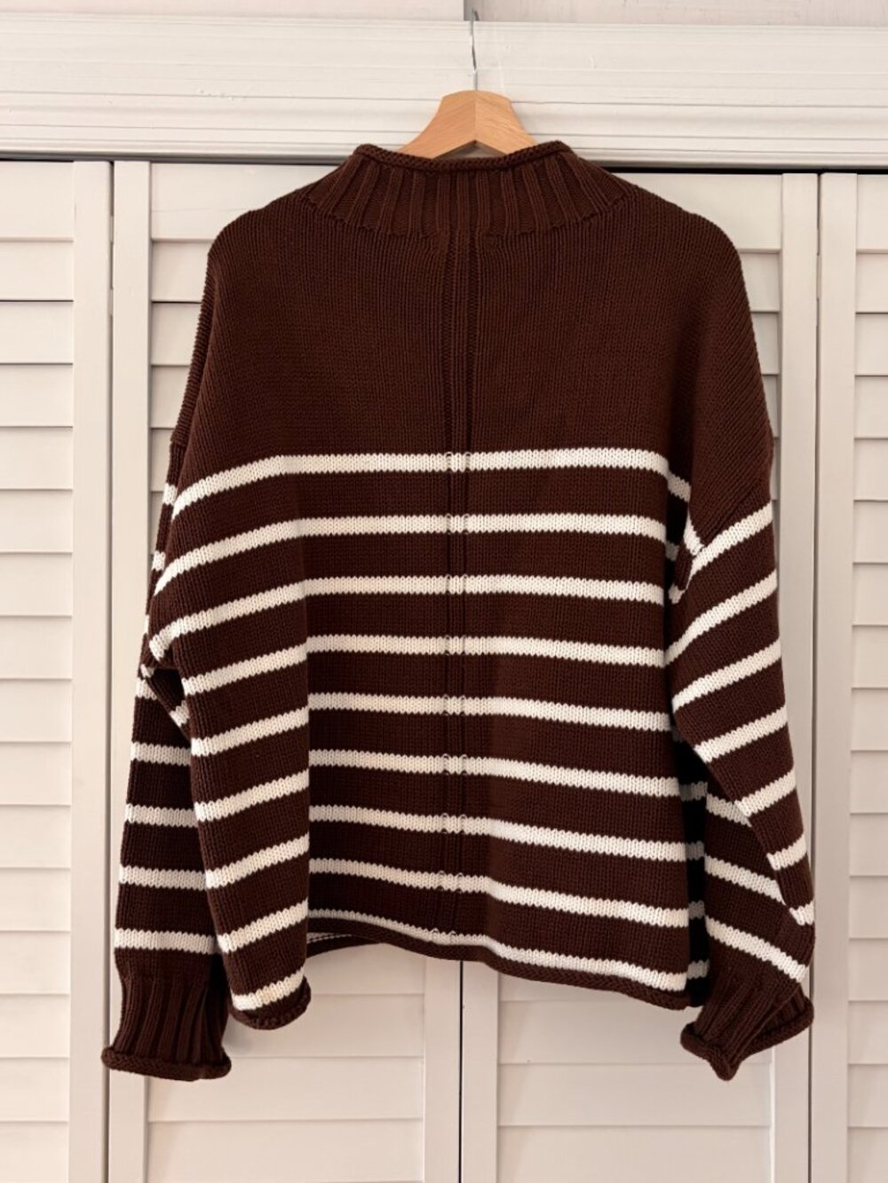 J Crew 2025 Rollneck Sweater Brown White Stripe Striped 100% Cotton Size L - Picture 3 of 6